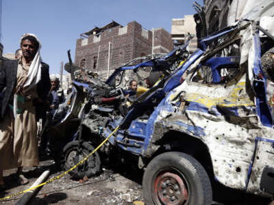 Yemenis inspect a residential area after an alleged U.S. airstrike in the Shoub district on April 21, 2025, in Sana'a, Yemen. Twelve people were killed and more than two dozen were injured in the overnight strike, according to Houthi authorities.