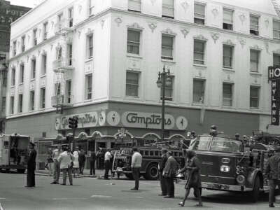 Fire trucks and an ambulance are parked outside Compton's cafeteria, in San Francisco, California, in June 1970. Four years earlier, the cafeteria had been the site of a LGBTQ-related riot, one of few such events that preceded the arguably more well-known Stonewall Riot in New York.