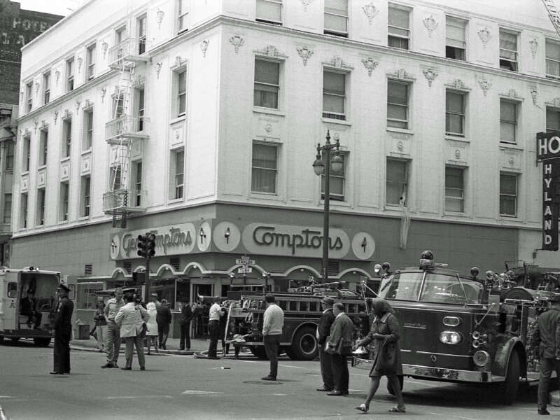 Fire trucks and an ambulance are parked outside Compton's cafeteria, in San Francisco, California, in June 1970. Four years earlier, the cafeteria had been the site of a LGBTQ-related riot, one of few such events that preceded the arguably more well-known Stonewall Riot in New York.