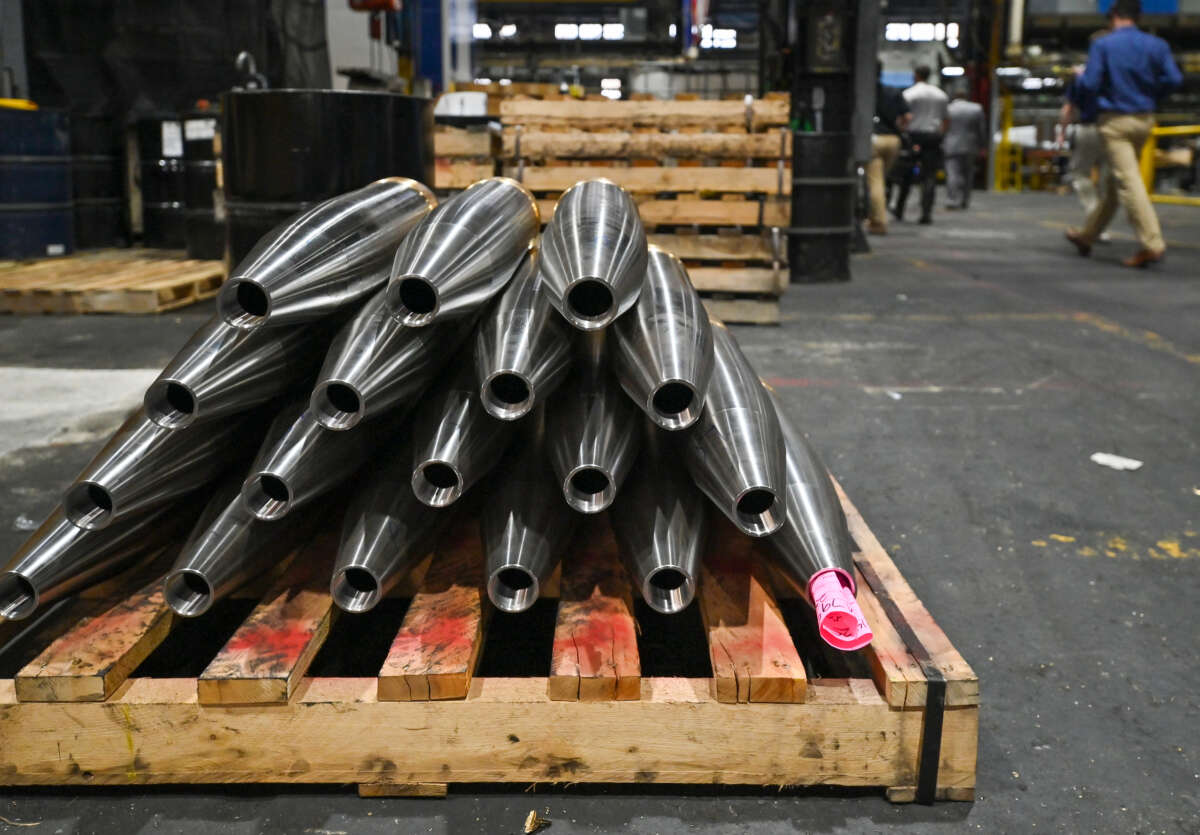 A stack of unfinished mortars seen at a General Dynamics facility in Scranton, Pennsylvania, on August 20, 2025. General Dynamics has plants across the country, including the Texas plant that is the subject of this story.
