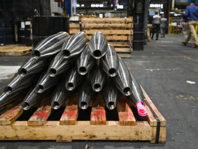 A stack of unfinished mortars seen at a General Dynamics facility in Scranton, Pennsylvania, on August 20, 2025. General Dynamics has plants across the country, including the Texas plant that is the subject of this story.