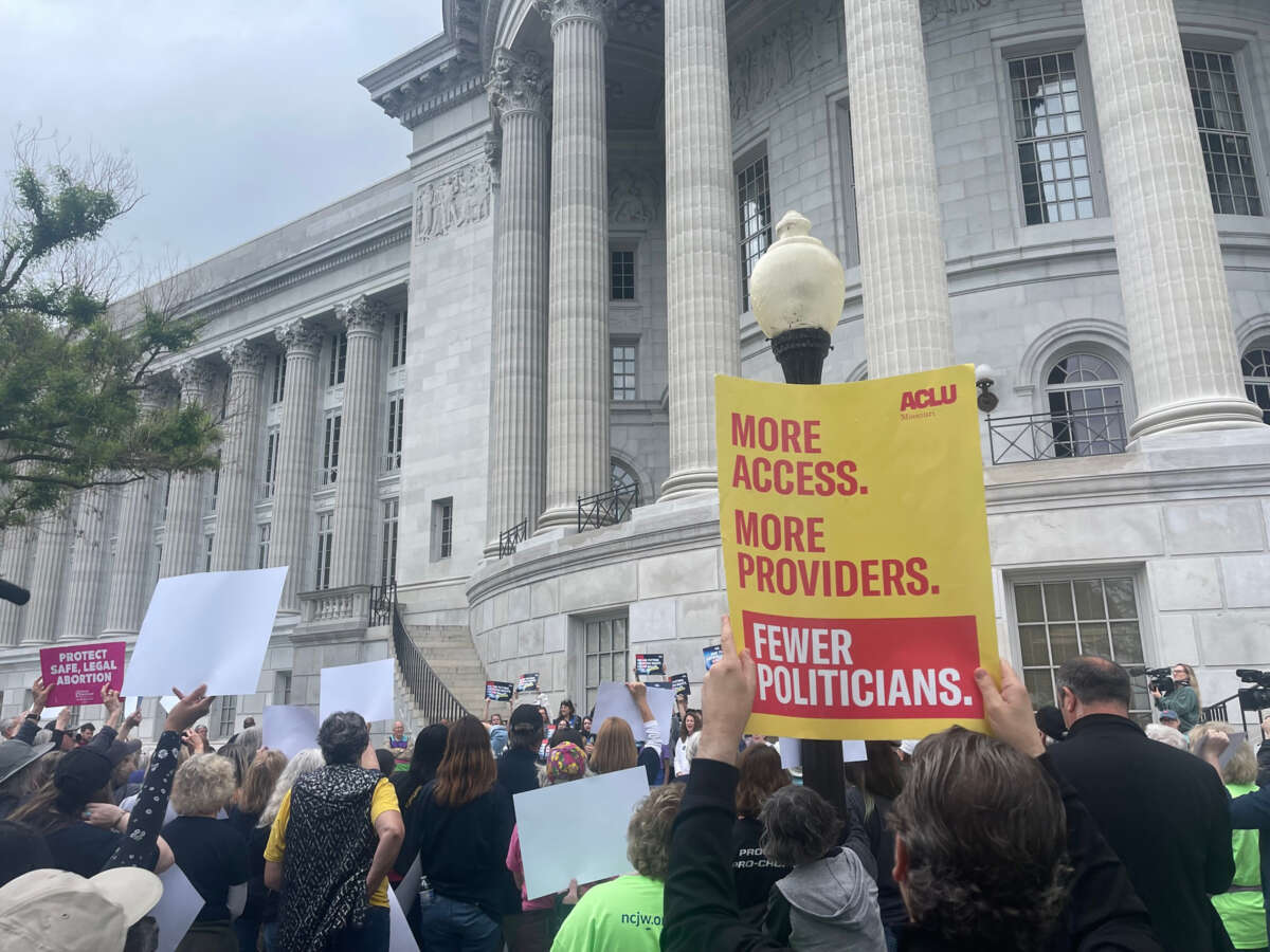 Abortion rights supporters rally at the Missouri Capitol after turning in more than 380,000 signatures to overturn the state's ban on the procedure on May 3, 2024.