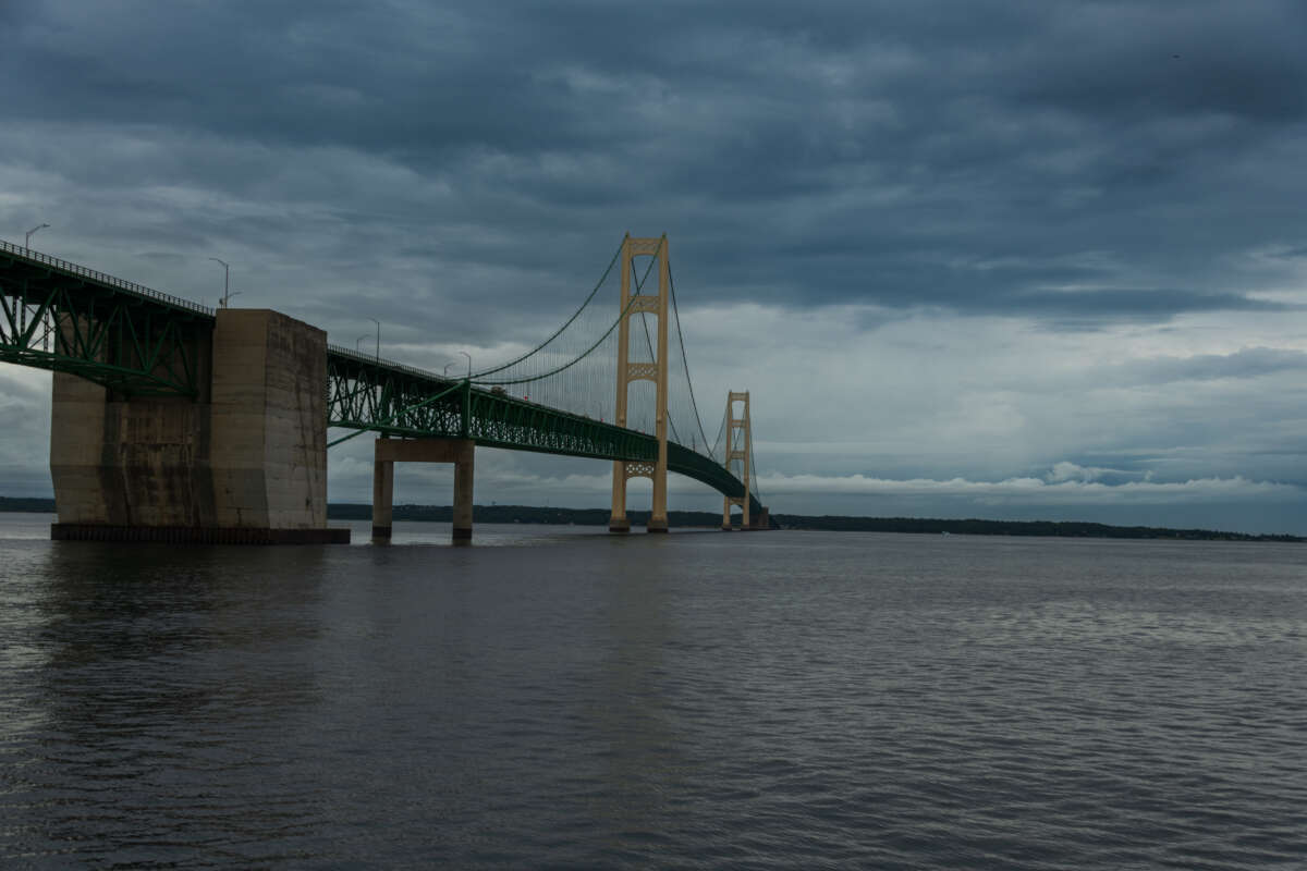 The Mackinac Bridge suspension bridge, which spans the Straits of Mackinac, connects the Upper and Lower peninsulas of Michigan, in a photo taken circa 2025.