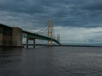 The Mackinac Bridge suspension bridge, which spans the Straits of Mackinac, connects the Upper and Lower peninsulas of Michigan, in a photo taken circa 2025.