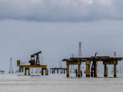 Oil rigs are pictured in Cabimas, south of Lake Maracaibo, Zulia State, Venezuela, on January 31, 2026.