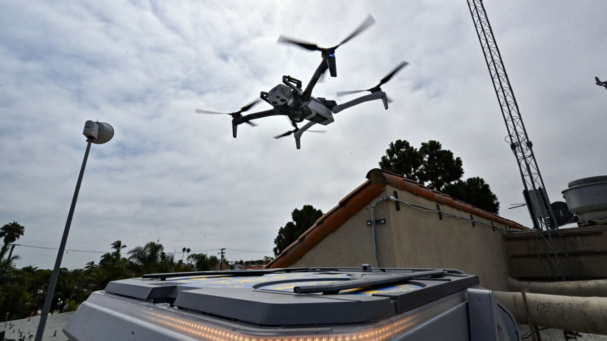 A Skydio X10 drone lifts off from an automated launch station on the roof of a building in Huntington Beach, California.