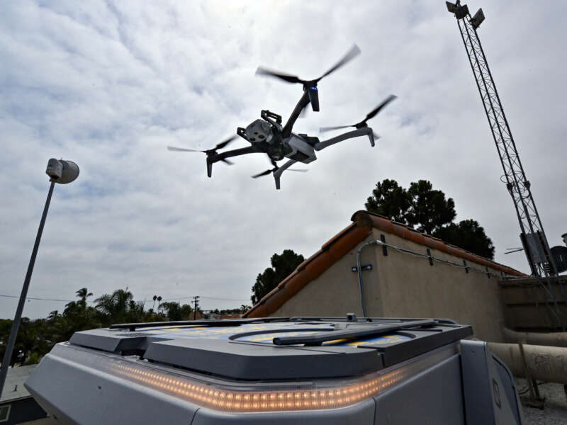 A Skydio X10 drone lifts off from an automated launch station on the roof of a building in Huntington Beach, California.