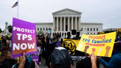 Temporary protected status holders along with union leaders and advocates rally as the Supreme Court prepares to hear oral arguments in Mullin v. Doe on April 29, 2026.