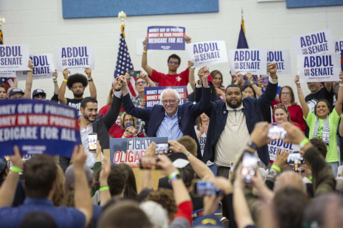 Senator Bernie Sanders held a rally at a Detroit high school as part of his 'Fighting Oligarchy' campaign. With Sanders are U.S. Senate candidate Dr. Abdul El-Sayed (left) and state representative Donavan McKinney, who is running for a Congressional seat.
