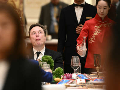 Tesla and SpaceX CEO Elon Musk reacts ahead of a state banquet for US President Donald Trump and China's President Xi Jinping at the Great Hall of the People Beijing in China on May 14, 2026.