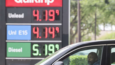 Gas prices are displayed at an Exxon station in East Dallas, Texas, on May 7, 2026.