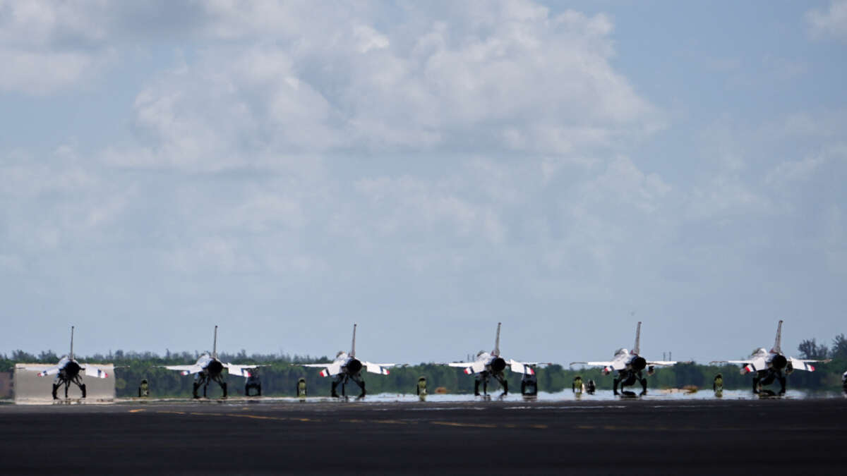A line of jets are seen at Homestead Air Reserve Base on May 21, 2026, in Homestead, Florida. The Homestead migrant detention center for unaccompanied children, which closed in 2019, was situated adjacent to the base, a Superfund site.