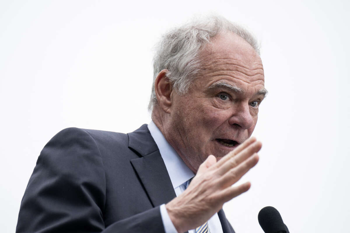 Senator Tim Kaine speaks during healthcare apparel company FIGS' "Healthcare is Human" rally on Capitol Hill in Washington, D.C., on May 21, 2026.