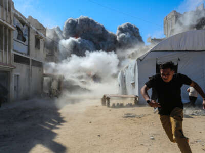 Smoke from an explosion can be seen after an Israeli attack on July 12, 2026, in Gaza City, Gaza.