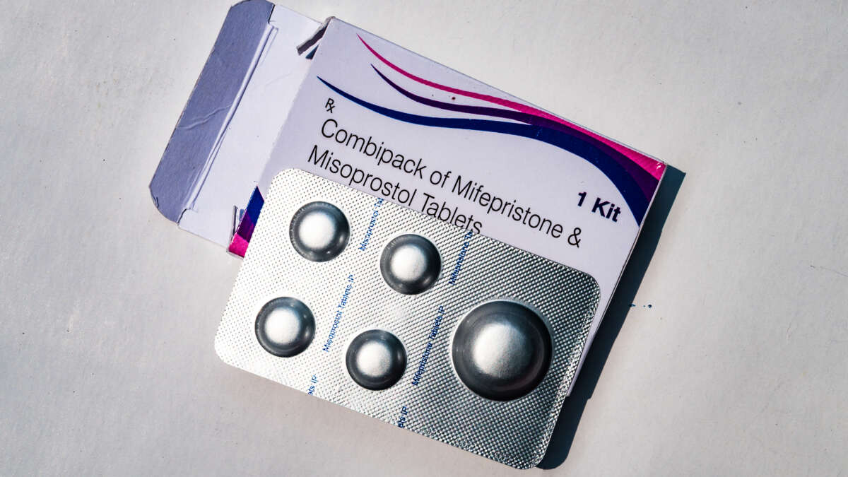 A box of Mifepristone combined with misoprostol tablets is stored in a medicine storage facility in Tehatta, West Bengal, India, on May 17, 2026.