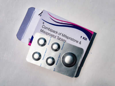 A box of Mifepristone combined with misoprostol tablets is stored in a medicine storage facility in Tehatta, West Bengal, India, on May 17, 2026.