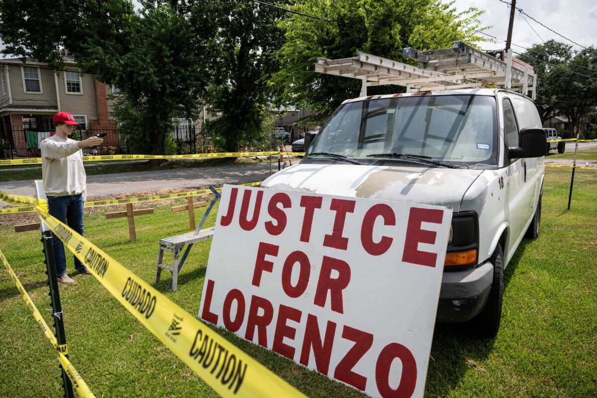 An installation protesting against U.S. Immigration and Customs Enforcement (ICE) is seen on August 5, 2026, near where Lorenzo Salgado Araujo was allegedly killed on July 14 by an ICE agent during an operation in Houston, Texas.