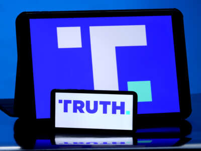 The logo for social media platform Truth Social, an American company owned by Trump Media & Technology Group, is shown on mobile devices.