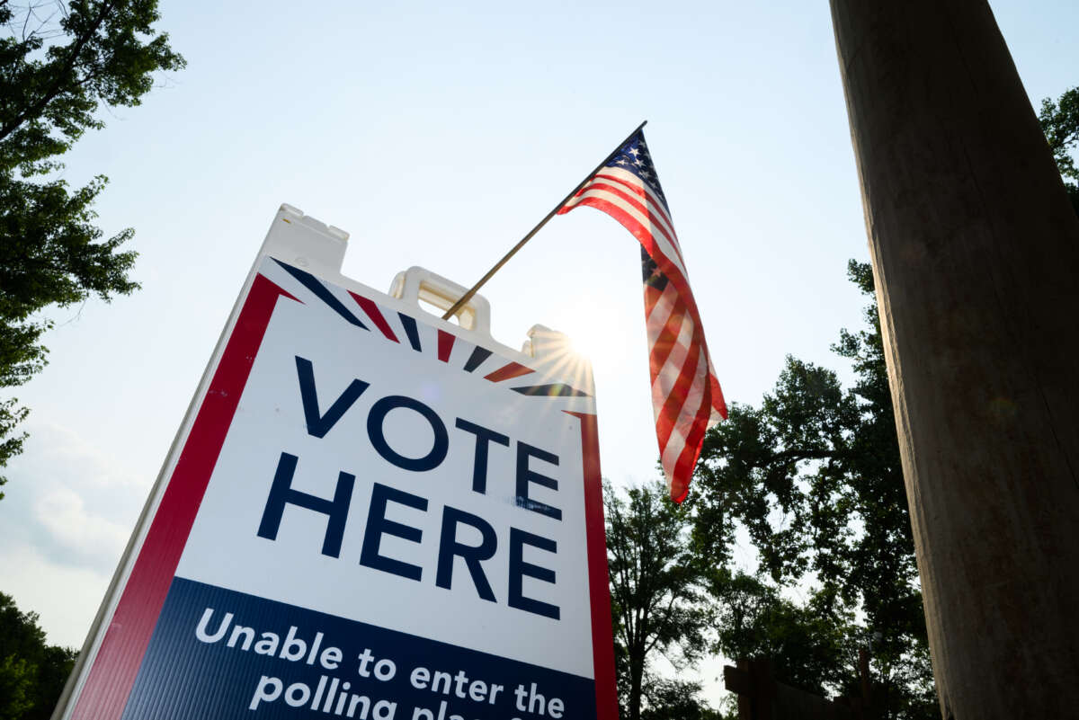 Signage directs voters at a polling place in the Tamarack Nature Center on August 11, 2026, in White Bear Township, Minnesota.