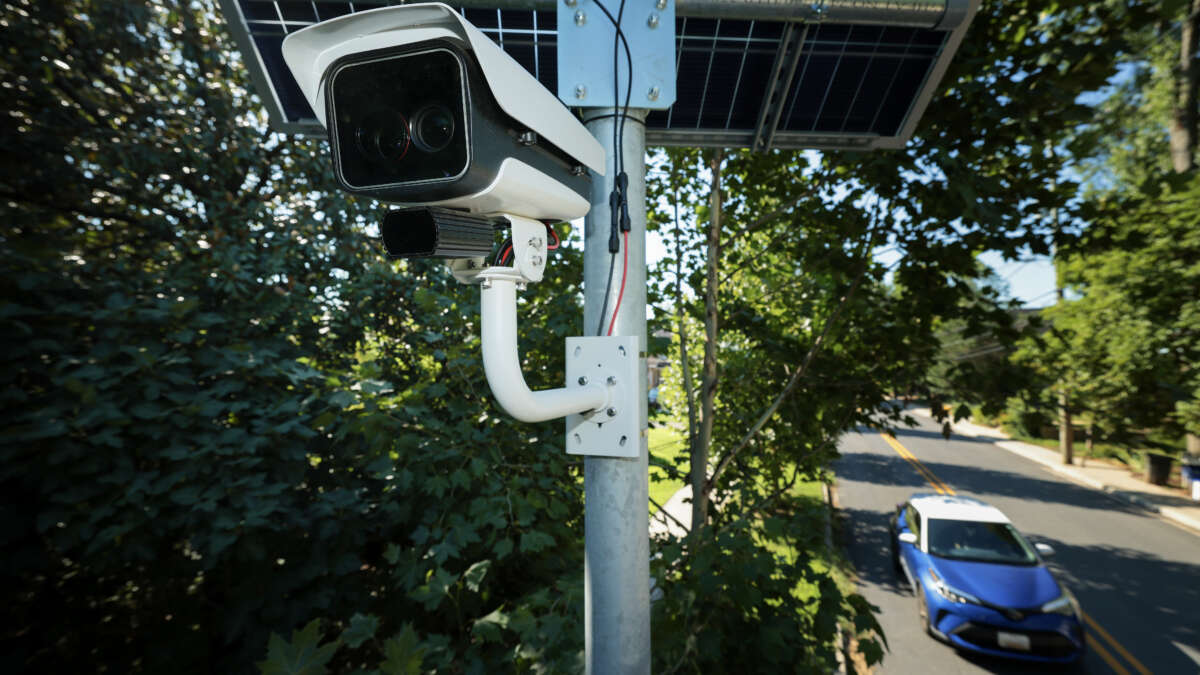 An automatic license plate reader (ALPR) camera monitors traffic at the intersection of Flower and Houston avenues on August 19, 2026 in Silver Spring, Maryland.