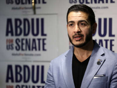 U.S. Democratic Senate candidate from Michigan Abdul El-Sayed speaks with reporters during a Student Meet and Greet at the Michigan Theatre in Ann Arbor, Michigan, on August 26, 2026.