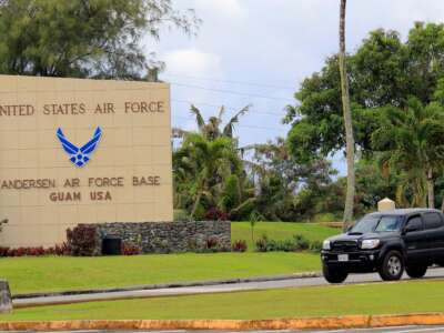 Morning traffic makes its way to the Anderson Air Force base in Yigo on the island of Guam on August 11, 2017.