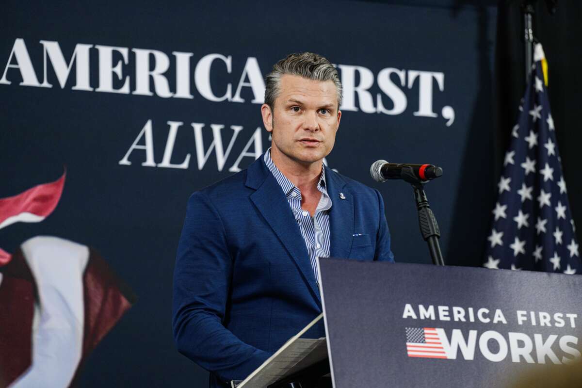 Secretary of Defense Pete Hegseth speaks at the America First Workers Special Event on May 18, 2026 in Hebron, Kentucky. Hegseth, who came to support Ed Gallrein, Republican congressional candidate for Kentucky, for a campaign event held one day before Kentucky's primary election, where Trump-endorsed Gallrein is running against incumbent Thomas Massie.