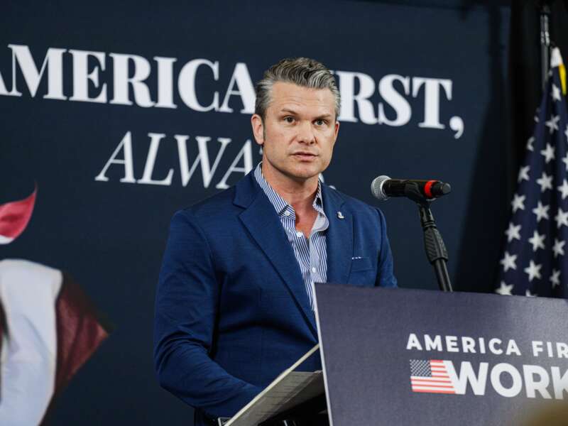 Secretary of Defense Pete Hegseth speaks at the America First Workers Special Event on May 18, 2026 in Hebron, Kentucky. Hegseth, who came to support Ed Gallrein, Republican congressional candidate for Kentucky, for a campaign event held one day before Kentucky's primary election, where Trump-endorsed Gallrein is running against incumbent Thomas Massie.