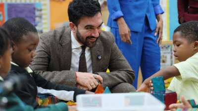 New York City Mayor-elect Zohran Mamdani interacts with Pre-K students at Friends of Crown Heights Education Center on November 13, 2025 in the Flatbush neighborhood of the Brooklyn borough in New York City.