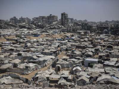A view of Palestinian displacement camps amid widespread destruction in Gaza City on August 29, 2026 in Gaza City, Gaza.