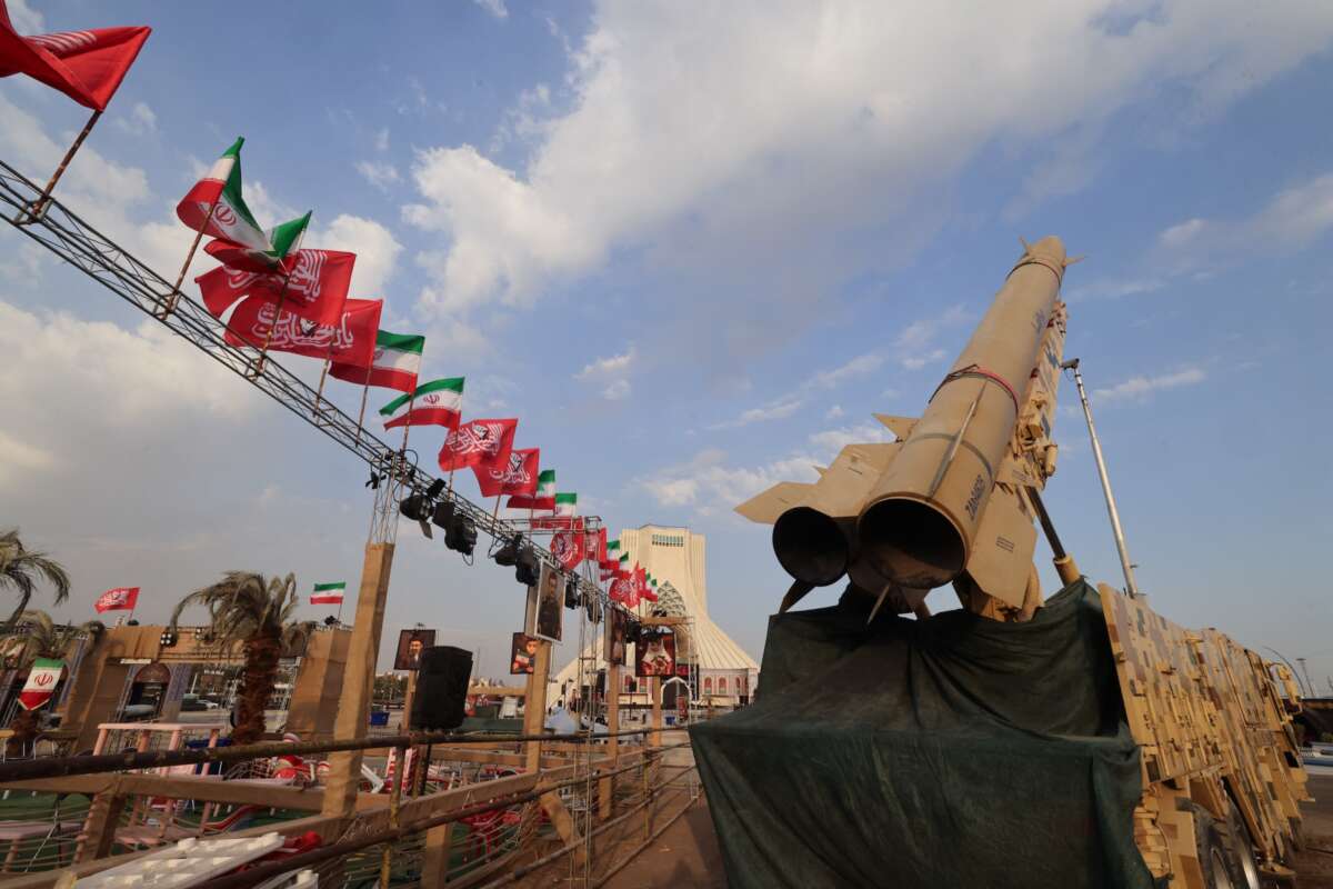 Iranian-made Zolfaghar missiles are displayed at Azadi Square in Tehran on August 2, 2026.