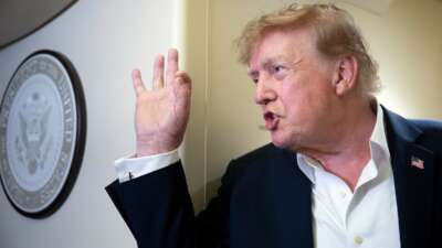 U.S. President Donald Trump speaks to the press aboard Air Force One while flying to Joint Base Andrews, Maryland from Ireland on September 13, 2026.