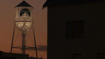 The Paramount Pictures logo is displayed on a water tower in Los Angeles, California, on August 6, 2026.