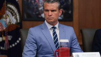 Secretary of Defense Pete Hegseth attends a cabinet meeting at Camp David on July 31, 2026.