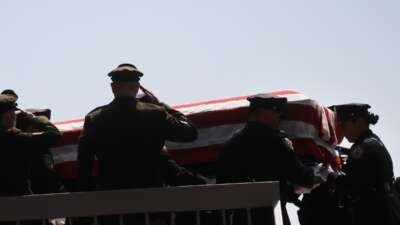 The casket of Army Sgt. Angel Rampersad is brought out of the Calvary Assembly of God church during a funeral service for the soldier who was killed in action on July 17 at Muwaffaq Salti Air Base in Jordan on July 31, 2026 in Queens, New York City.