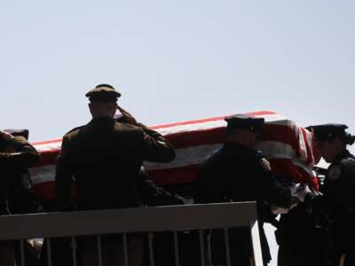The casket of Army Sgt. Angel Rampersad is brought out of the Calvary Assembly of God church during a funeral service for the soldier who was killed in action on July 17 at Muwaffaq Salti Air Base in Jordan on July 31, 2026 in Queens, New York City.