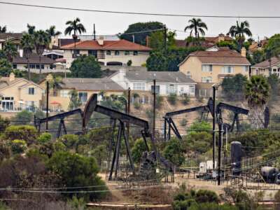 Homes sit in the shadow of the Inglewood Oil Field on September 25, 2024, in Los Angeles, California.