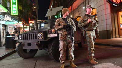 Members of the Louisiana National Guard stand watch in the French Quarter in New Orleans, Louisiana, on January 2, 2026.