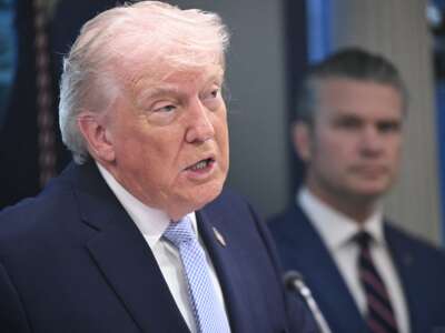Donald Trump speaks about the war on Iran in the James S. Brady Press Briefing Room of the White House on April 6, 2026, in Washington, D.C.