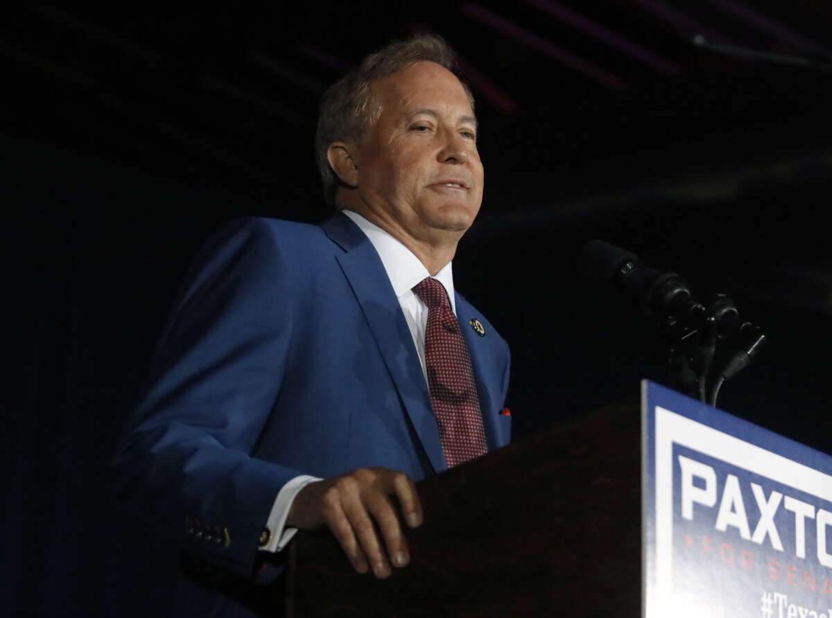 Attorney General Ken Paxton speaks at an election night watch party held by the Lone Star Liberty PAC at the Dallas/Plano Marriott at Legacy Town Center on May 26, 2026, in Plano, Texas.