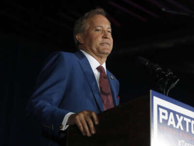 Attorney General Ken Paxton speaks at an election night watch party held by the Lone Star Liberty PAC at the Dallas/Plano Marriott at Legacy Town Center on May 26, 2026, in Plano, Texas.