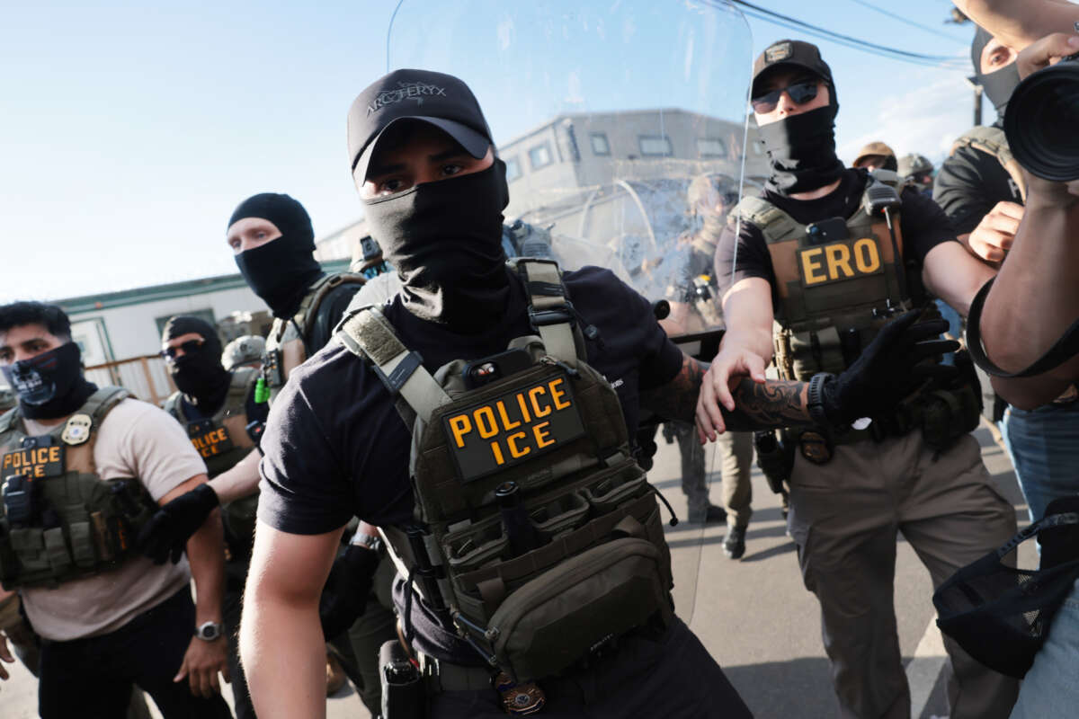 ICE agents clash with protesters outside the federal immigration center at Delaney Hall in Newark, where ICE is housing detained immigrants on May 28, 2026, in Newark, New Jersey.