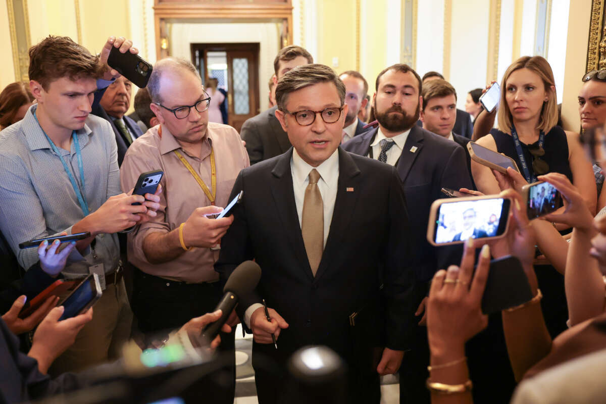 U.S. Speaker Mike Johnson speaks to reporters outside of the House Chambers in the U.S Capitol Building on June 30, 2026, in Washington, D.C. Johnson spoke to reporters about after House procedural vote pertaining to the NDAA failed due to dissent from a group of House Republicans.