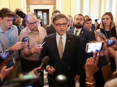U.S. Speaker Mike Johnson speaks to reporters outside of the House Chambers in the U.S Capitol Building on June 30, 2026, in Washington, D.C. Johnson spoke to reporters about after House procedural vote pertaining to the NDAA failed due to dissent from a group of House Republicans.