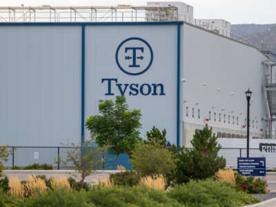 The Tyson Foods company logo is pictured on the exterior wall of a case-ready meat processing facility in Eagle Mountain, Utah, on August 19, 2026.