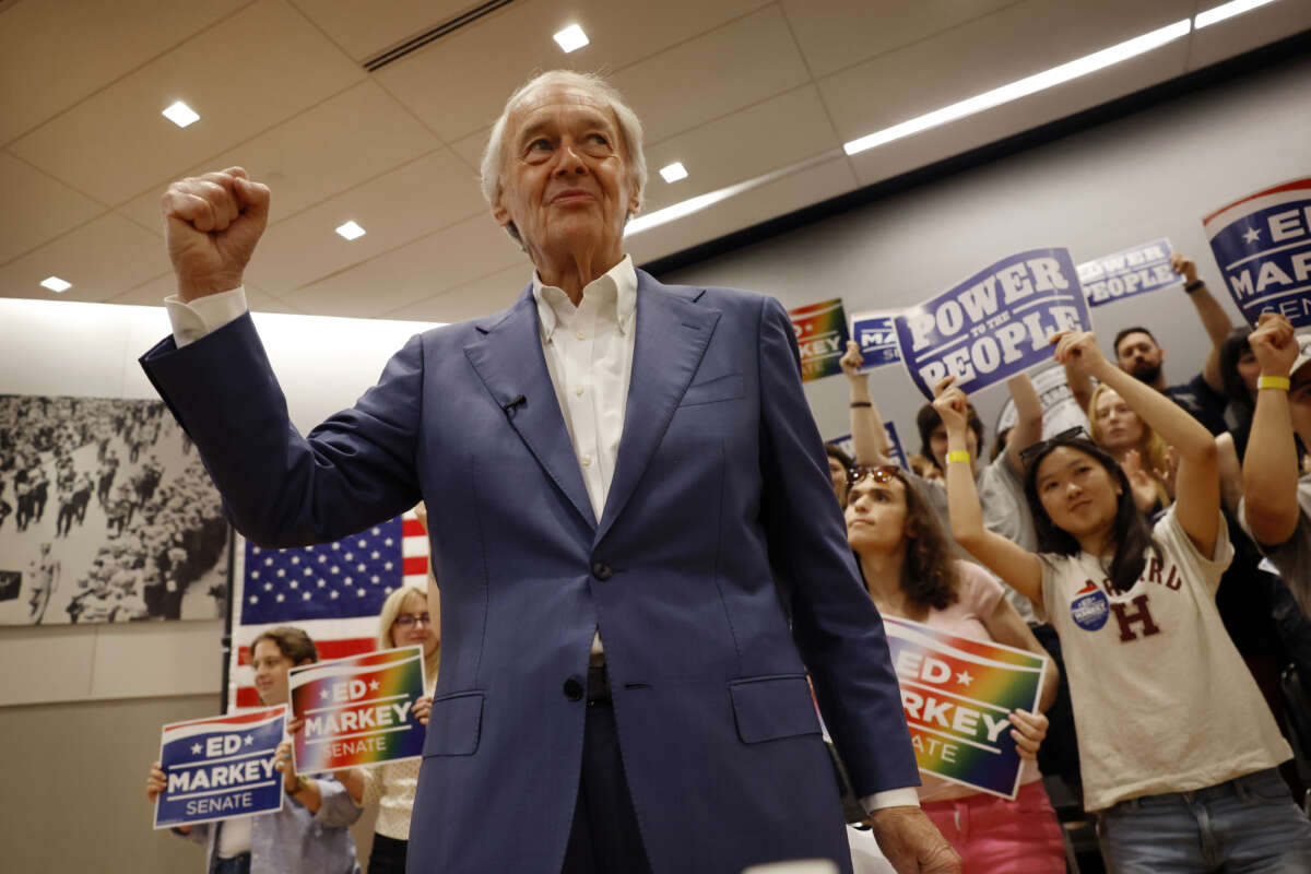 Senator Ed Markey addresses his supporters during a 'Power to the People' rally at the IBEW Local 103 facility on August 29, 2026, in Boston, Massachusetts.