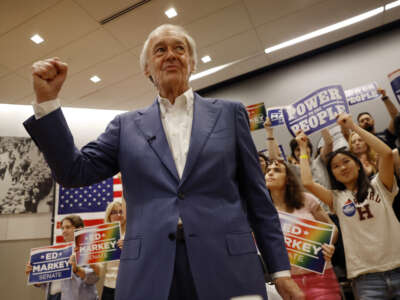 Senator Ed Markey addresses his supporters during a 'Power to the People' rally at the IBEW Local 103 facility on August 29, 2026, in Boston, Massachusetts.