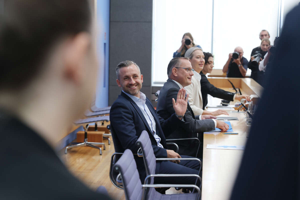 Ulrich Siegmund (left), lead candidate of the far-right Alternative for Germany (AfD), and AfD co-leaders Tino Chrupalla and Alice Weidel arrive to speak to the media the day after state elections in Saxony-Anhalt on September 7, 2026, in Berlin, Germany.