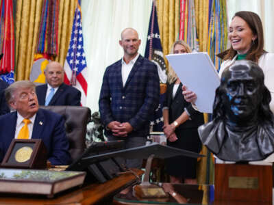 Secretary of Agriculture Brooke Rollins (right) speaks as President Donald Trump listens during an agriculture event in the Oval Office of the White House on September 4, 2026, in Washington, D.C.