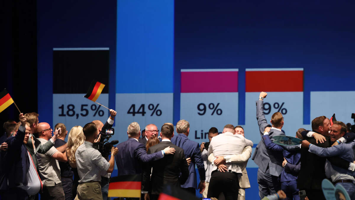 Supporters of the far-right Alternative for Germany (AfD) cheer at the AfD election evening watch party as initial results show the party with 44 percent in Saxony-Anhalt state elections on September 6, 2026, in Magdeburg, Germany.